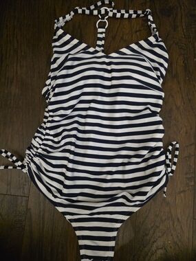 Navy and White Striped Maternity One-Piece Swimsuit